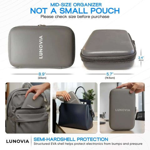 Knock Off Cable Tangles Grab And Go Hard Shell Tech Organizer With Removable Pouches For Phones Chargers Earbuds Mouse And Cords Built Tough, mid-size gray organizer shown in use.
