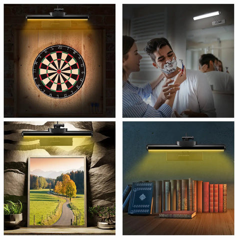 Wireless LED Picture Light illuminating dartboard, bathroom mirror, landscape photo, bookshelf; rechargeable, dimmable 32 LEDs