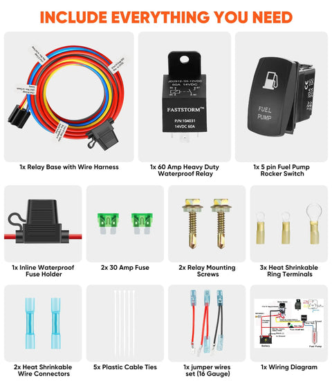 12V Electric Fuel Pump Relay Kit Waterproof 60 Amp Heavy Duty Long Wiring Harness components layout