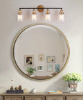 Modern Black And Gold Vanity Lights Over Mirror, Four Light Bathroom Fixture With Clear Glass Shades, 30 Inch Long Bath Vanity Bar