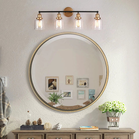 Modern Black And Gold Vanity Lights Over Mirror, Four Light Bathroom Fixture With Clear Glass Shades, 30 Inch Long Bath Vanity Bar