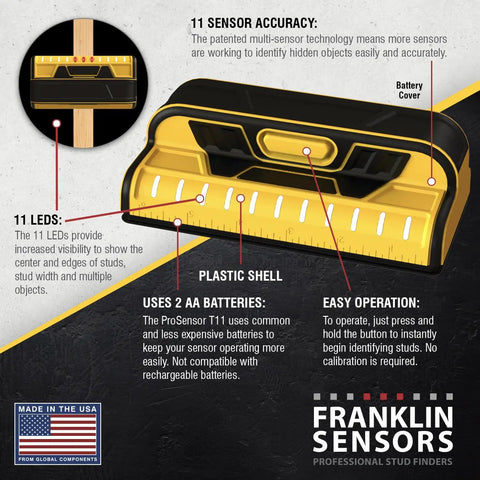 Diagram of ProSensor T11 11-Sensor Stud Finder, highlighting battery, plastic shell, and LED features. Made in USA.