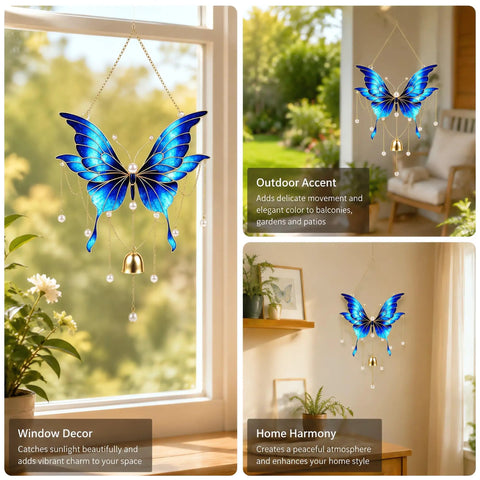 Butterfly Wind Chime Craft Kit In Blue Acrylic Base With Upright Metal Wire, hanging in window decor and home interior