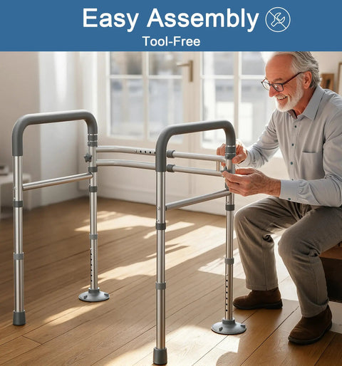A senior man assembles the Rock Solid Adjustable Toilet Safety Rail And Grab Bar For Seniors, Supports Up To 350 Pounds.