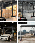 Beefy 3 Ton Gantry Crane With Adjustable 8.53 To 12.47 Ft Height 6600 Lbs Capacity Manual Trolley Hook And Shackles Ideal For Warehouse Shop Auto Repair And Construction Sites shown in various settings including warehouses, factories, and construction sites.