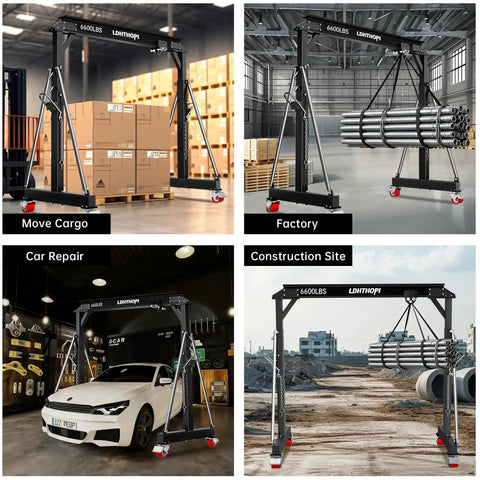 Beefy 3 Ton Gantry Crane 6600 Lb Portable Shop Hoist supporting pipes in construction site with smooth manual trolley.