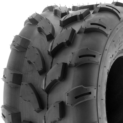 Close-up of directional knobby tread on 20x10-8 off-road tire for ATVs and lawn mowers, part of Two Pack Off Road Tires For ATVs And Lawn Mowers 20x10-8 And 20x10x8 6 Ply Directional Knobby Tread For Mud Sand Rocks All Terrain Performance Fits 8 Inch Rims Durable Tire Set.