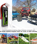 Two Pack 7.4V 1500mAh 50C LiPo Battery 2S with Soft Case Deans T Connector next to RC vehicles and drones