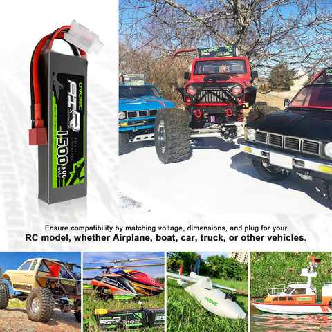 Two Pack 7.4V 1500mAh 50C LiPo Battery 2S with Soft Case Deans T Connector next to RC vehicles and drones