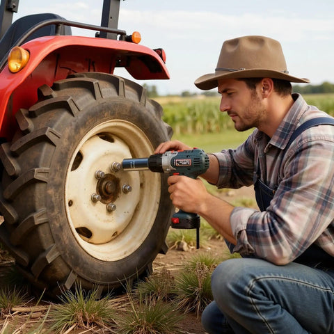 Man using power tool on tractor tire with Half Inch Drive 26 Piece Impact Socket Set With Shallow 6 Point Sockets In CR-V Alloy Steel.