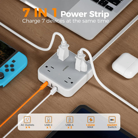 Extension Cord 10 Ft Long Surge Protector Power Strip With 4 Outlets 3 USB Ports Including USB C 900 Joules Protection Flat Cable