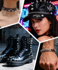 Badass 543 Piece Punk Studs And Spikes Kit With Eight Cone Sizes, Square Pyramid Nails, Rounded Leather Rivets, Heavy Duty Punch Tools And Case For Tough DIY Jacket Customizing And Hella Cool Gear Updates, featuring spiked boots, a studded cap, and a chained choker.