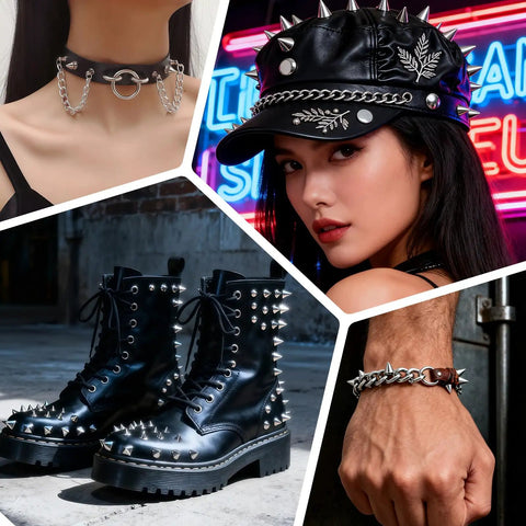 Badass 543 Piece Punk Studs And Spikes Kit With Eight Cone Sizes, Square Pyramid Nails, Rounded Leather Rivets, Heavy Duty Punch Tools And Case For Tough DIY Jacket Customizing And Hella Cool Gear Updates, featuring spiked boots, a studded cap, and a chained choker.