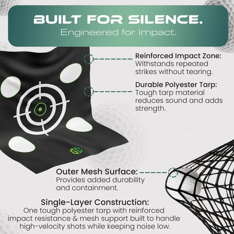 Backyard Ready Golf Hitting Net Ten By Eight By Five And A Half Feet With Silent Target Tarp showing reinforced impact zone and mesh surface