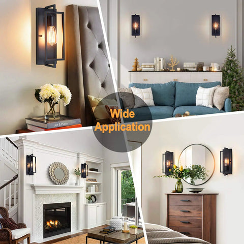 Industrial Wall Sconces Set of 2 in Matte Black Metal, Vintage Modern Style, E26 Base, installed in various indoor settings