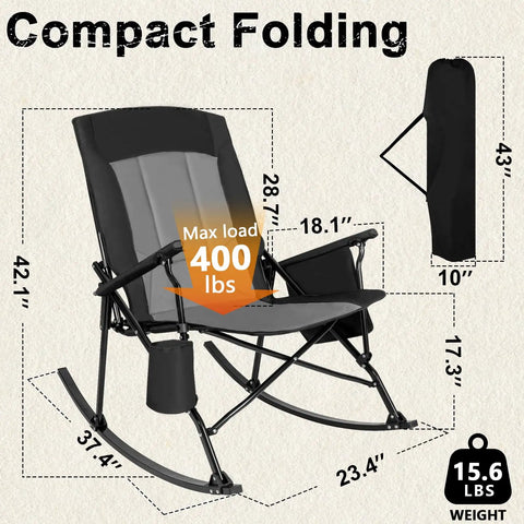 Two Pack High Back Portable Rocking Chairs With Hard Armrests For Outdoor Hangouts, Oversized Folding Camping Chairs, Heavy Duty 400 Lb Capacity Patio Lawn Chairs With Cup Holder And Magazine Pocket shown folded with dimensions.