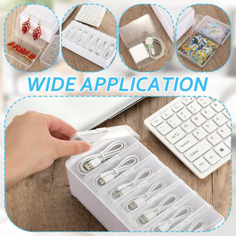 4 Pack Cable Organizer Box With 28 Clear Compartments For Switch Cords And Power Cables Desktop Cable Management Box with USB cables on desk