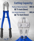 14 Inch Heavy Duty Bolt Cutter Built Tough With Ergonomic Anti Slip Handles For Cutting Locks Chains Wires And Chain Link Fences Made From T8A Steel For High Hardness And Long Lasting Performance, front view with cutting capacity details.