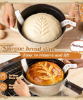All In One Sourdough Starter Kit With Banneton Baskets Starter Jar Lame With Four Blades Thermometer Strip Feeding Tracker Dope Gift For Bakers Women Moms image showing a silicone bread sling lifting dough and baked bread from a non-stick pot.