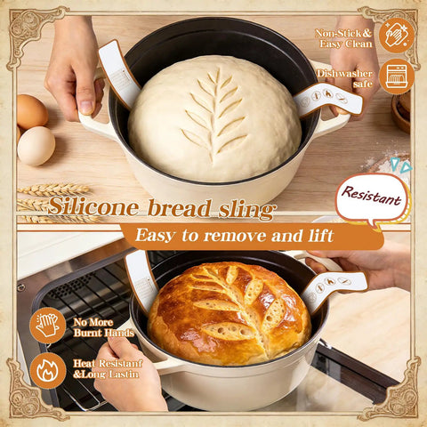 All In One Sourdough Starter Kit With Banneton Baskets Starter Jar Lame With Four Blades Thermometer Strip Feeding Tracker Dope Gift For Bakers Women Moms image showing a silicone bread sling lifting dough and baked bread from a non-stick pot.