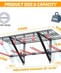 Diagram of Wall Mounted Ski Rack With Dope Overhead Storage Shelf, Heavy Duty Steel Gear Organizer, dimensions shown, 280 lbs capacity