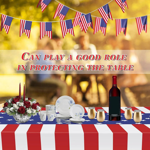 Patriotic Tablecloth Set Two Pack 54 By 108 Inch Disposable All American Flag Table Covers for festive dining event