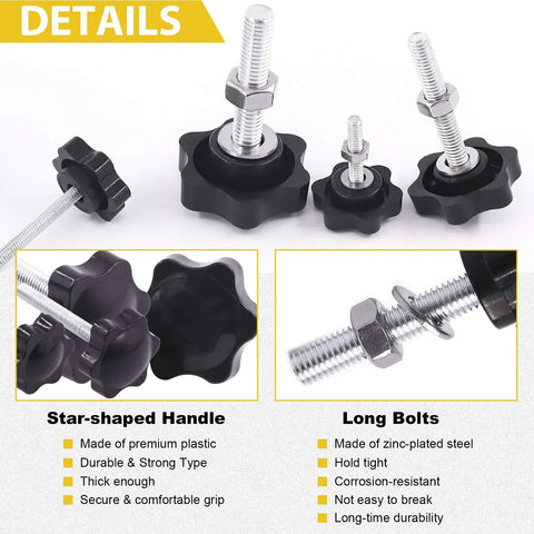 Top Shelf M4 M6 M8 Star Knob Assortment With 304 Stainless Steel Hex Nuts And Washers Easy Grip Hand Tightening Screws showing various sizes and star-shaped handles.