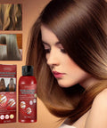 Woman with smooth, shiny hair using wash-free conditioner; product bottle and before-after images visible