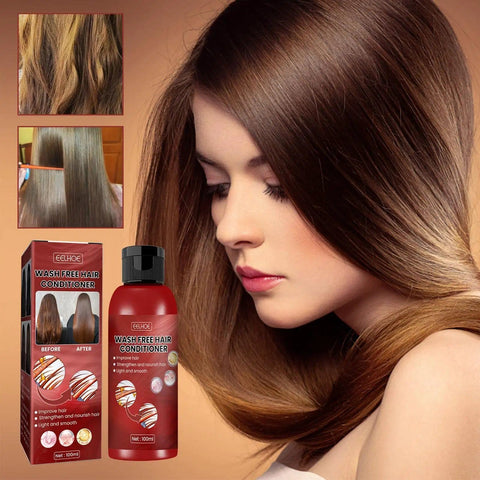 Woman with smooth, shiny hair using wash-free conditioner; product bottle and before-after images visible