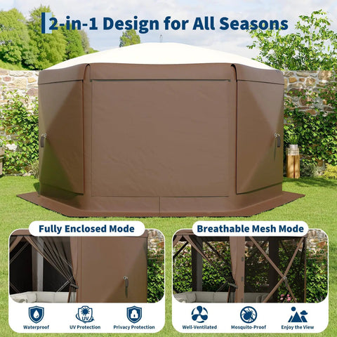 Hexagonal Six Sided Pop Up Gazebo Tent with Easy One Push Setup, mesh panels, removable wind cloths, outdoor shelter in beige and khaki.