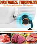 Heavy Duty 200W Electric Meat Slicer With Twin 7.5 Inch Stainless Steel Blades Adjustable Thickness Control For Deli Style Roast Beef Cheese And Bread Perfect Home Kitchen Upgrade Easy Clean Design showing the adjustable thickness settings from 0 to 15mm.