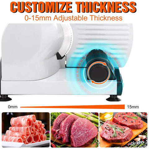 Heavy Duty 200W Electric Meat Slicer With Twin 7.5 Inch Stainless Steel Blades Adjustable Thickness Control For Deli Style Roast Beef Cheese And Bread Perfect Home Kitchen Upgrade Easy Clean Design showing the adjustable thickness settings from 0 to 15mm.