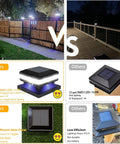 Comparison of solar post cap lights outdoor no wiring deck lighting 52 LED 160 lumen versus dimmer 12 LED alternative