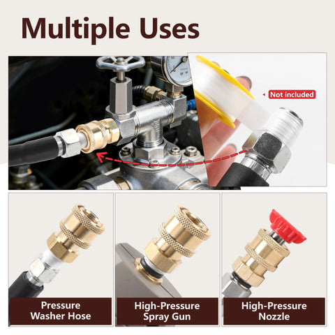 Brass 1/4-inch quick-connect pressure washer fittings set, 3-pack; hose connection, spray gun, nozzle (Amazon)