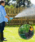 Person using No Sweat Mini Electric Drill Pump For Quick Water Gasoline Diesel Transfer Portable Hand Held Fluid Extractor in yard.