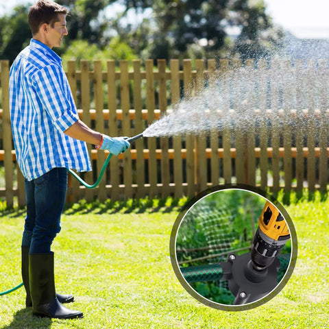 Person using No Sweat Mini Electric Drill Pump For Quick Water Gasoline Diesel Transfer Portable Hand Held Fluid Extractor in yard.
