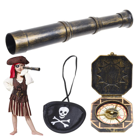Pirate Themed Telescope And Compass Prop Set With Eye Patch For Themed Parties Stage Plays And Cosplay, plastic pirate telescope and compass
