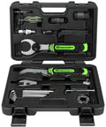 Open Everyday Ride Ready 21 Piece Bicycle Repair Tool Kit Set with organized tools in green and black case