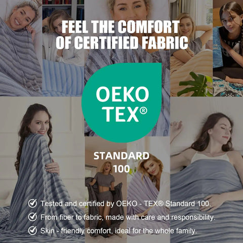Collage of people using Upgraded Jade Fiber Cooling Throw Blanket With Q Max 0.5, showing OEKO-TEX certification and comfort.