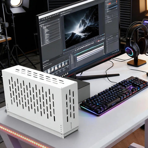 Top Shelf External Gpu Docking Station For Laptops With Pcie Four Point Zero Link And A Beefed Up Metal Case on a desk
