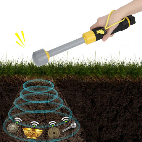 Waterproof Handheld Pulse Induction Metal Detector With Pinpointer Probe vibrating above buried treasures in soil.