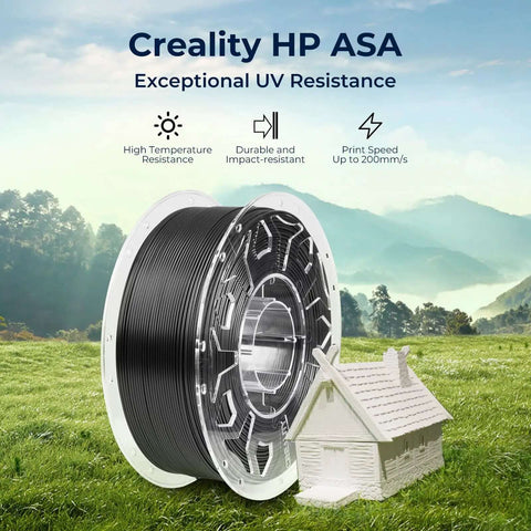 ASA Filament 1.75mm 1kg Spool For 3D Printing, Outdoor Ready, UV Resistant And Weatherproof displayed with miniature house