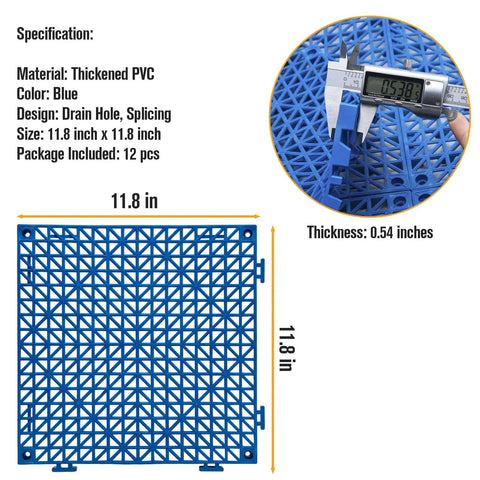 12 Piece Interlocking Drainage Mat Tiles For Garage, Deck, Pool And Outdoor Indoor Floors, Cushioned Non Slip PVC Floor Tiles 11.8 Inch Square Blue Durable Grippy All Weather Easy Clean; image shows size specifications and close-up of tile.