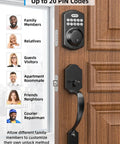 Smart Keypad Deadbolt With Handle, Keyless Front Door Lock No Keys Needed, Auto Lock, Anti Peeking Password, 20 User Codes shown on a wooden door