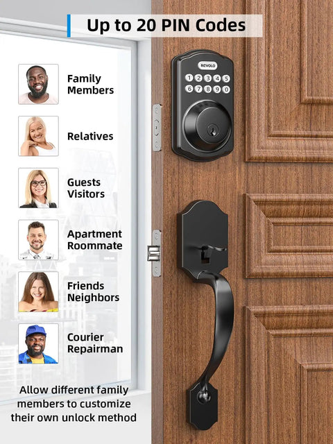 Smart Keypad Deadbolt With Handle, Keyless Front Door Lock No Keys Needed, Auto Lock, Anti Peeking Password, 20 User Codes shown on a wooden door