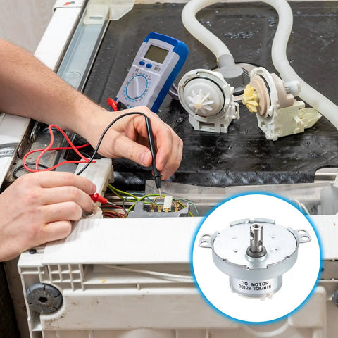 Person repairing appliance with Slow Speed 12V DC Brushed Gear Motor JS50T With D Shaft 20 RPM CW CCW High Torque for DIY projects