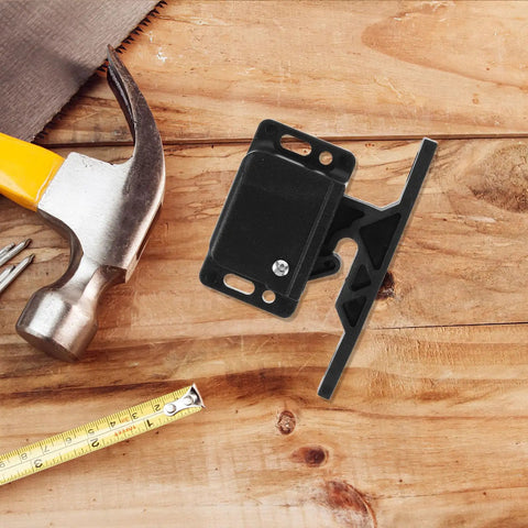 RV Cabinet Door Latches With Screws, Pull-To-Open Camper Cabinet Latch, sturdy ABS on wood table with hammer and tape measure