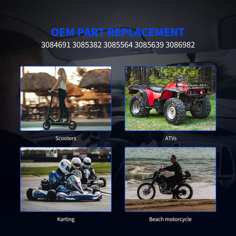 Image showing scooters, ATVs, karting, and beach motorcycles under OEM part replacement with codes 3084691, 3085382, 3085564, 3085639, 3086982.