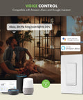 Family using Smart Dimmer Switch For Easy Home Lighting Control No Hub Required Neutral Wire Required Single Pole Works With Alexa And Google Assistant UL Listed TGWF500D 2 Pack with Alexa voice command.