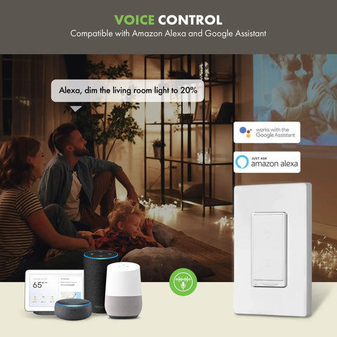 Family using Smart Dimmer Switch For Easy Home Lighting Control No Hub Required Neutral Wire Required Single Pole Works With Alexa And Google Assistant UL Listed TGWF500D 2 Pack with Alexa voice command.